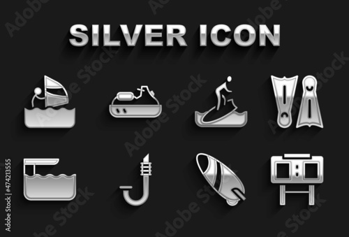 Set Snorkel, Flippers for swimming, Sport mechanical scoreboard, Surfboard, Diving springboard, Windsurfing and Jet ski icon. Vector