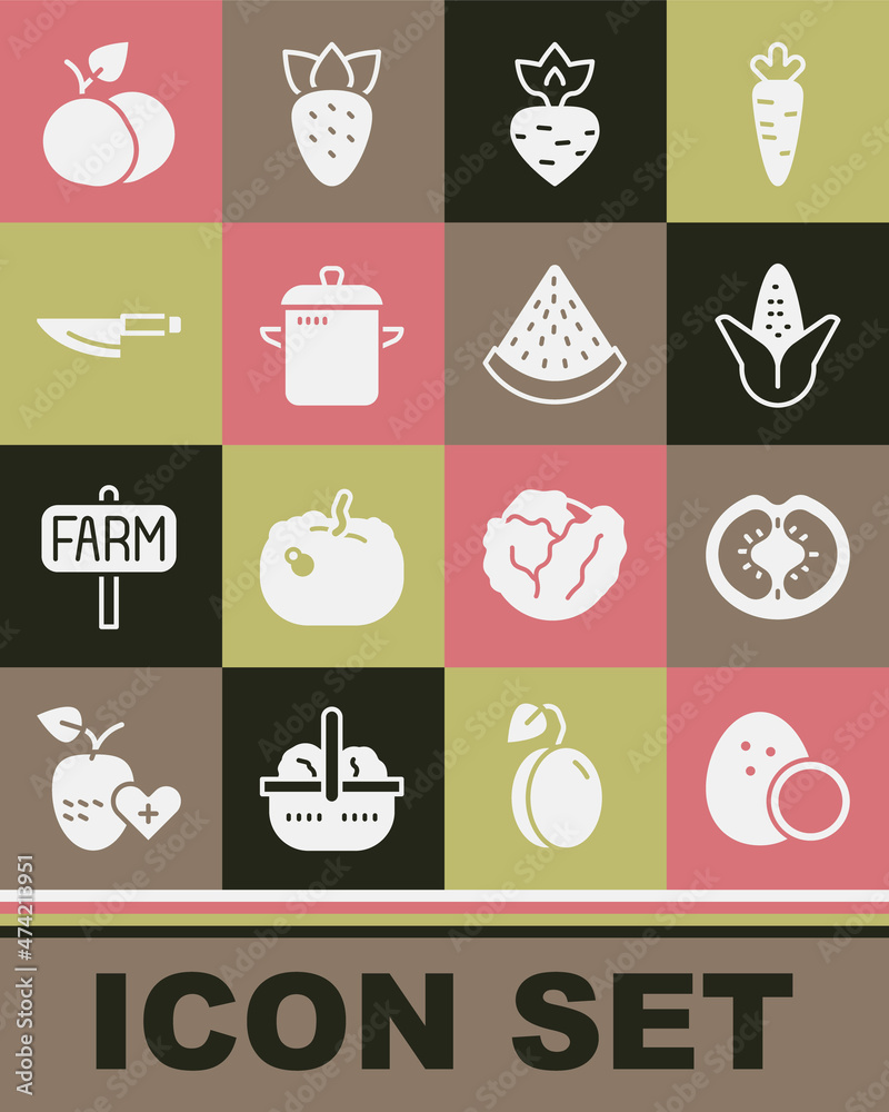 Set Coconut, Tomato, Corn, Turnip, Cooking pot, Knife, Mango fruit and Watermelon icon. Vector