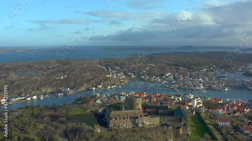 Carlsten stone fortress at Marstrand coast of Sweden, aerial establishing shot, panoramic touristic landmark landscape photo