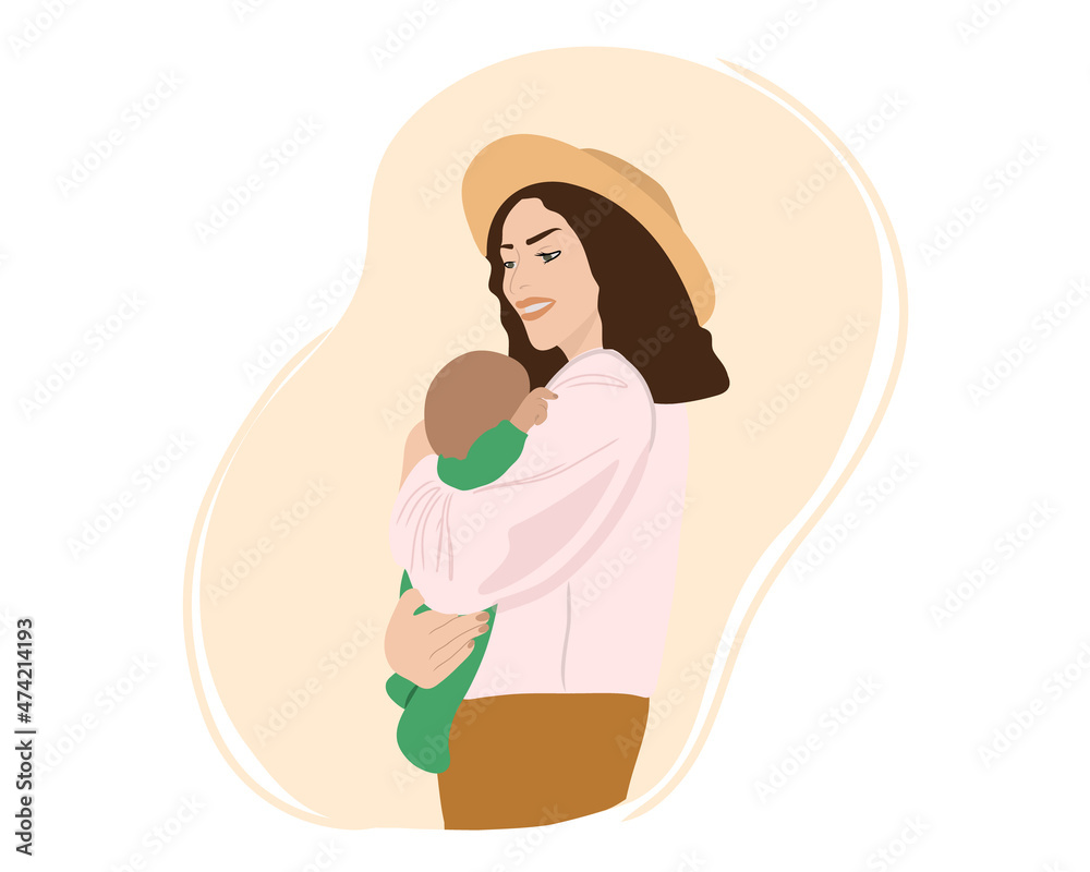 Happy and smiling young mother with a baby in her arms. A young mother holds and caresses a newborn baby. Flat vector illustration. Happy and smiling young mother with a baby in her arms. A young mother holds and caresses a newborn baby. Flat vector illustration.