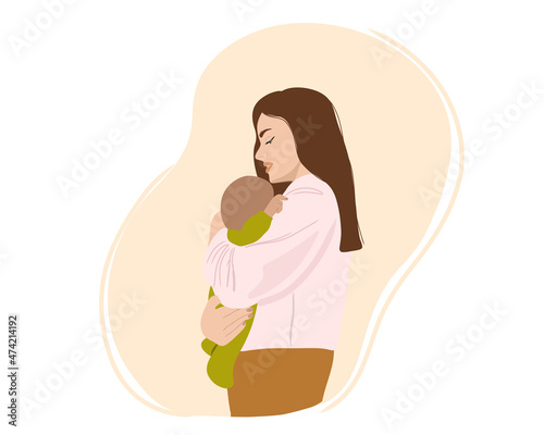 Happy and smiling young mother with a baby in her arms. A young mother holds and caresses a newborn baby. Flat vector illustration.
