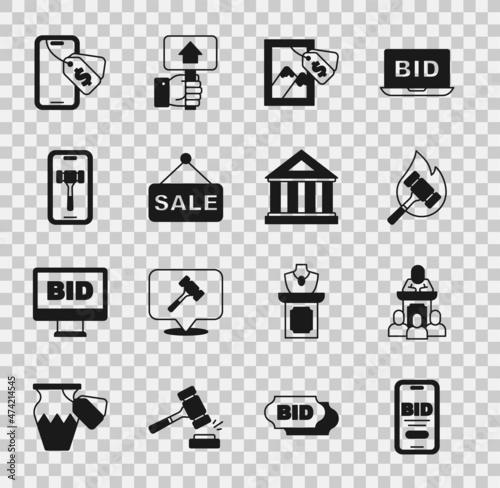 Set Online auction, Auction auctioneer sells, hammer, painting, Price tag with Sale, and Museum building icon. Vector