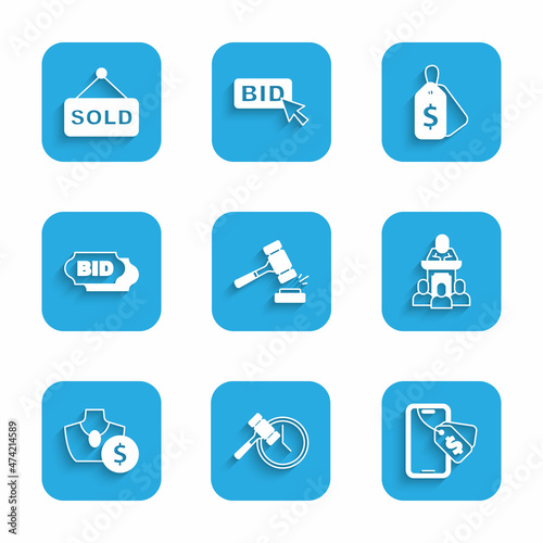 Set Auction hammer, Online auction, auctioneer sells, jewelry sale, Bid, Price tag with Sale and sold icon. Vector