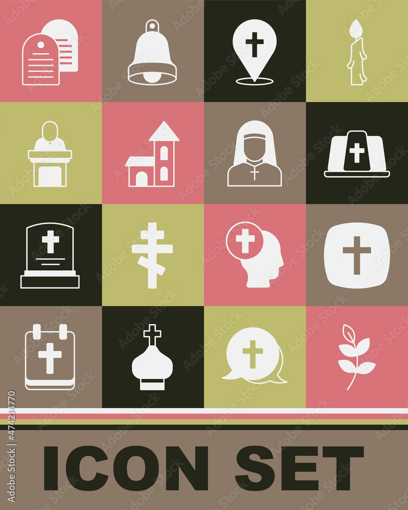 Set Willow leaf, Christian cross, Pope hat, Location church building, Church, pastor preaching, Holy bible book and Nun icon. Vector Set Willow leaf, Christian cross, Pope hat, Location church building, Church, pastor preaching, Holy bible book and Nun icon. Vector