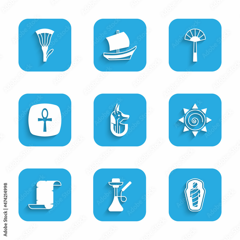 Set Egyptian anubis, Hookah, mummy in sarcophagus, Sun, Papyrus scroll, Cross ankh, fan and lotus icon. Vector Set Egyptian anubis, Hookah, mummy in sarcophagus, Sun, Papyrus scroll, Cross ankh, fan and lotus icon. Vector