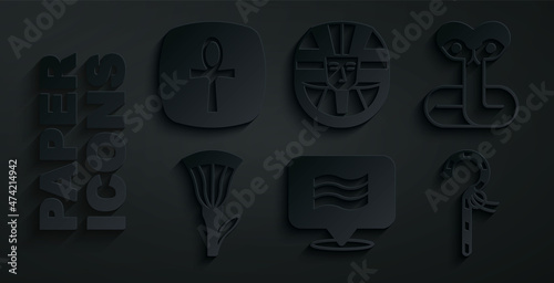 Set Flag Of Egypt, Snake, Egyptian lotus, Crook, pharaoh and Cross ankh icon. Vector