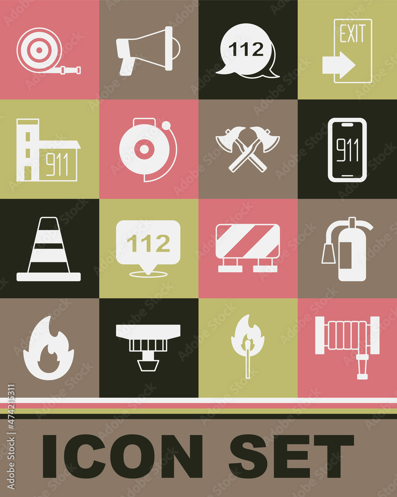 Set Fire hose reel, extinguisher, Mobile emergency call 911, Emergency, Ringing alarm bell, Building of fire station, and Firefighter axe icon. Vector Set Fire hose reel, extinguisher, Mobile emergency call 911, Emergency, Ringing alarm bell, Building of fire station, and Firefighter axe icon. Vector
