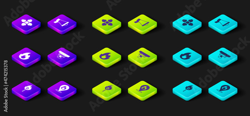 Set Burning match with fire, Location flame, Fire, Smoke alarm system, Megaphone and Firefighter icon. Vector