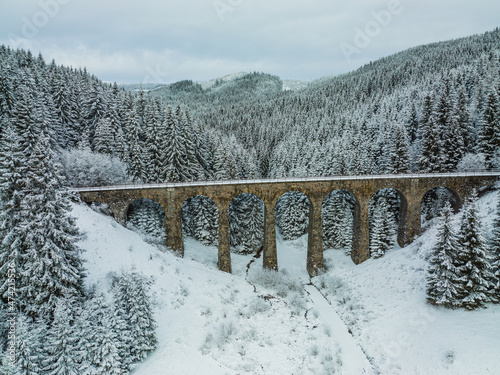 Aerial view of Chmarossky viaduct in Telgart village in Slovakia photo