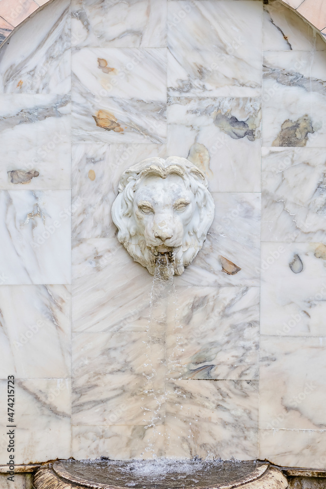 Bas-relief with the head of a lion with a stream of water pouring from ...