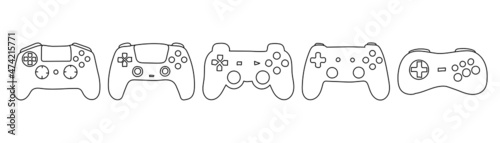 Set of hand drawn vector gamepads in doodle style on white background.