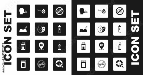 Set No tobacco leaf, Tobacco, Ashtray with cigarette, Man smoking, Electronic, Burning match fire, Vape liquid bottle and mod device icon. Vector