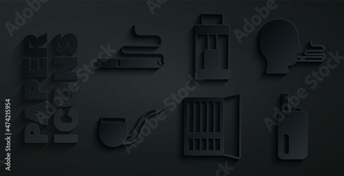 Set Cigarette case, Man smoking cigarette, No pipe, Electronic, Vape mod device and icon. Vector