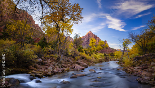 Zion national park with river and blue sky