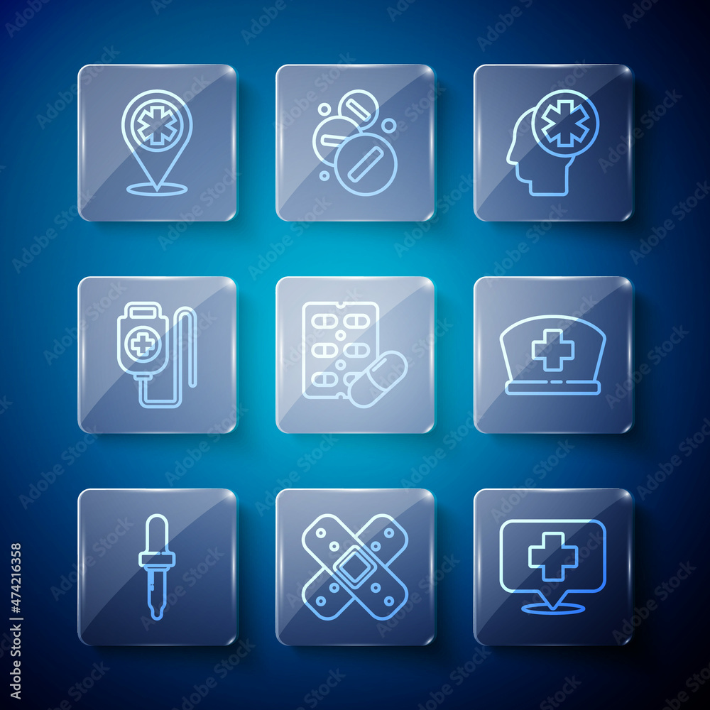 Set line Pipette, Crossed bandage plaster, Map pointer with cross hospital, Male head, Pills blister pack, IV bag, and Nurse hat icon. Vector Set line Pipette, Crossed bandage plaster, Map pointer with cross hospital, Male head, Pills blister pack, IV bag, and Nurse hat icon. Vector