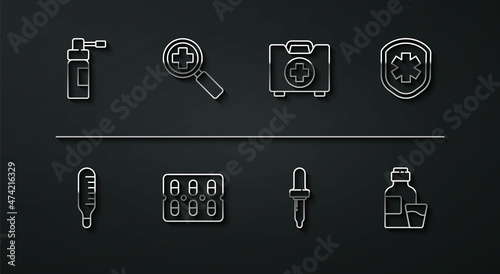 Set line Bottle with nozzle spray, Medical thermometer, shield cross, Pipette, Pills in blister pack, Magnifying glass for search medical, of medicine syrup and First aid kit icon. Vector