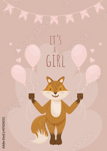Postcard newborn, it's a girl, a fox with pink balloons. Vector image, congratulations on the birth of a child on a festive background.