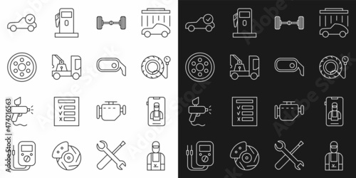 Set line Car mechanic, Online car services, Tire pressure gauge, Chassis, Tow truck, Alloy wheel, Auto check automotive and rearview mirror icon. Vector