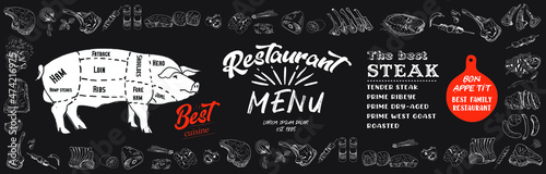 Vintage Butcher shop hand - drawn. Retro Menu Restaurant poster. Vector. Fresh meat products. Design element for poster, menu, flyer, banner, package.