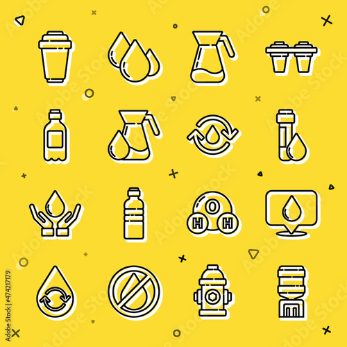 Set line Water cooler, drop with location, Test tube water, Jug glass, Bottle of, filter cartridge and Recycle clean aqua icon. Vector