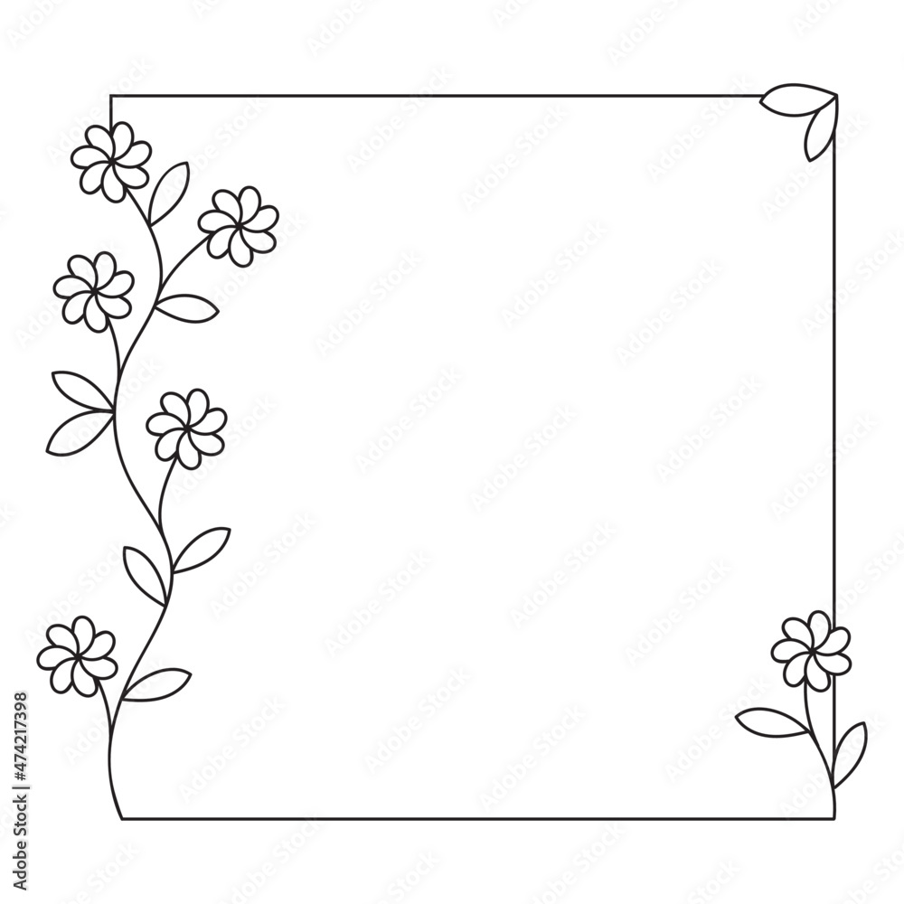 empty flower frame for publication, black outline, white background, branch with flowers and leaves, spring theme, romantic mood, flat vector illustration