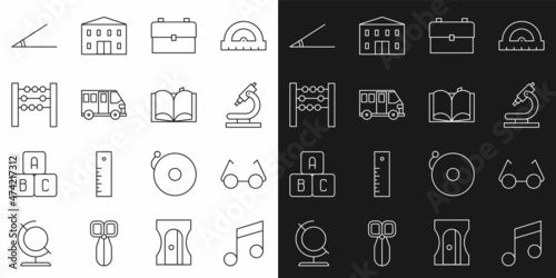 Set line Music note, tone, Glasses, Microscope, School backpack, Bus, Abacus, Acute angle and Open book icon. Vector