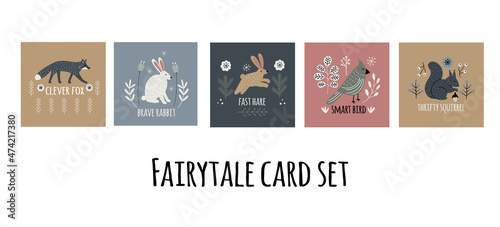 Set of hand drawn vector cards with wild animals in Scandinavian style with folk elements and text lettering