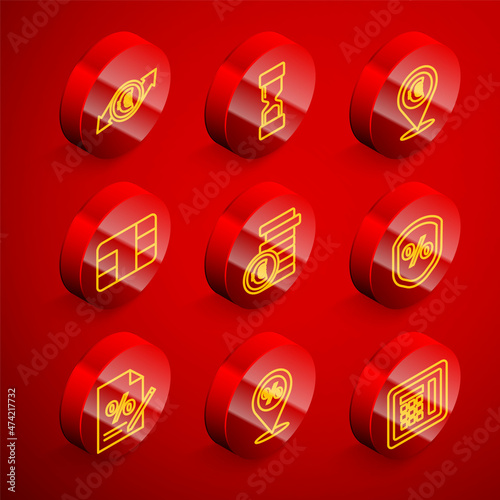 Set line Financial growth and euro coin, Old hourglass, Cash location, Credit card with chip, Coin money symbol, Loan percent, Finance document and Location discount icon. Vector