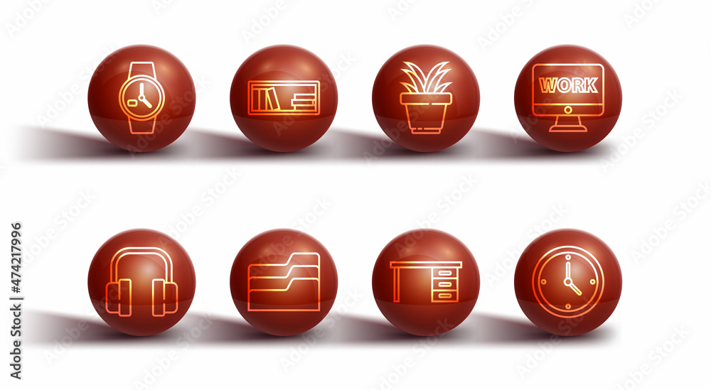 Set line Wrist watch, Headphones, Monitor with text work, Office desk, Document folder, Shelf books, Clock and Plant in pot icon. Vector Set line Wrist watch, Headphones, Monitor with text work, Office desk, Document folder, Shelf books, Clock and Plant in pot icon. Vector