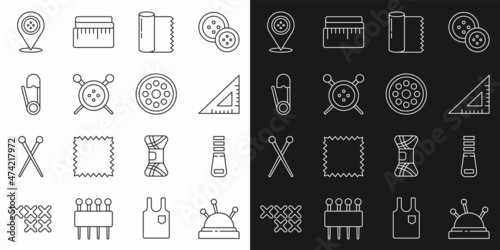 Set line Needle bed and needles, Zipper, Triangular ruler, Textile fabric roll, Sewing button knitting, Safety pin, Location tailor shop and icon. Vector