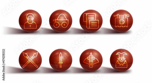 Set line Monk, Crossed medieval spears, Street signboard with Bar, Battle crossbow arrow, Medieval sword, Wooden four-wheel cart, Joker head and Decree, parchment, scroll icon. Vector