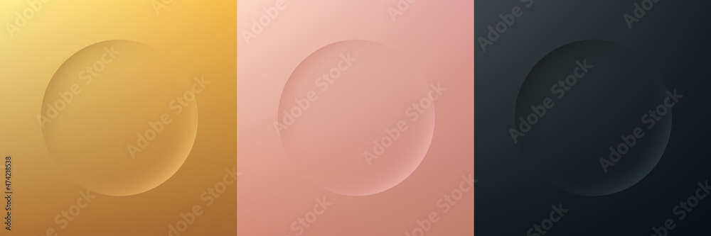 Set of gold, rose gold and black frame design. Abstract 3D emboss circle backdrop for cosmetic product. Collection of luxury geometric background with copy space. Top view. EPS10 vector illustration Set of gold, rose gold and black frame design. Abstract 3D emboss circle backdrop for cosmetic product. Collection of luxury geometric background with copy space. Top view. EPS10 vector illustration