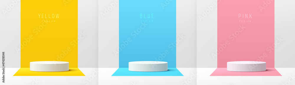 Set of white realistic 3d cylinder pedestal podium with yellow, blue and pink on perspective rectangle background. Abstract vector rendering for product display presentation. Pastel minimal scene. - obrazy, fototapety, plakaty 