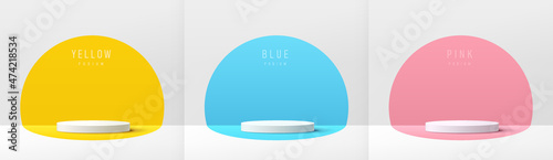 Set of white realistic 3d cylinder pedestal podium with pastel yellow, blue and pink in semi circle backdrop. Abstract vector rendering geometric platform. Product display presentation. Minimal scene.