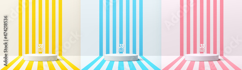 Set of white realistic 3d cylinder pedestal podium with yellow, blue and pink backdrop in perspective stripes pattern. Abstract vector rendering for product display presentation. Pastel minimal scene.