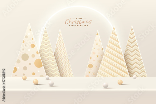 Abstract realistic 3D light gold podium or desk table with Luxury christmas tree and illuminate neon ring. Christmas and new year scene for product display presentation. Vector rendering platform.