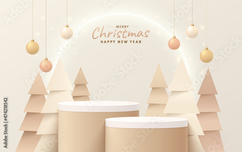 Abstract realistic 3D light brown cylinder pedestal podium set with modern christmas tree and glowing neon ring. Merry christmas and new year scene for product presentation. Vector rendering platform.