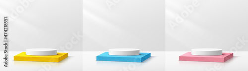 Set of white realistic cylinder pedestal on yellow, Blue and pink cube podium in white abstract room. Vector rendering 3d shape. Cylinder and cube stage for product display with pastel minimal scene.