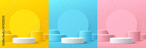 Set of yellow, blue, pink, white realistic 3d cylinder pedestal podium group with circle backdrop. Abstract vector rendering geometric platform. Product display presentation. Pastel minimal scene.