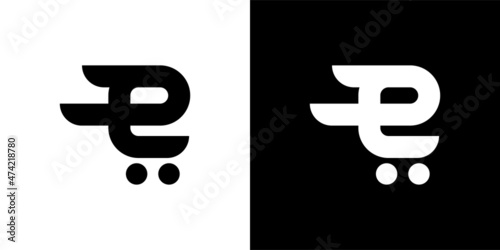 Initial Letter E Logo with shopping cart vector.