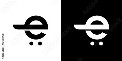 Initial Letter E Logo with shopping cart vector.