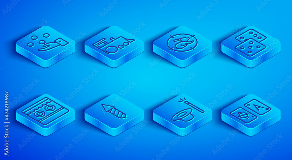 Set line Juggling ball, Toy train, Hunt on rabbit with crosshairs, Firework rocket, Magic hat and wand, Game dice, Shooting gallery and Tarot cards icon. Vector