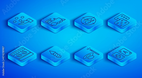 Set line Juggling ball, Toy train, Hunt on rabbit with crosshairs, Firework rocket, Magic hat and wand, Game dice, Shooting gallery and Tarot cards icon. Vector