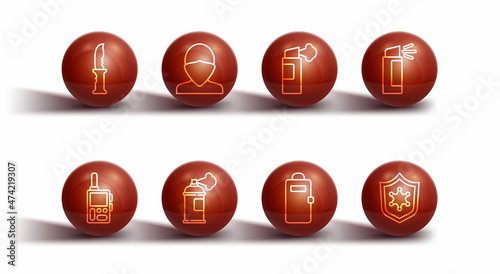 Set line Military knife, Walkie talkie, Pepper spray, Police assault shield, Paint can, Vandal, badge and icon. Vector