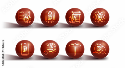 Set line Server bitcoin, Mining from mobile, Cryptocurrency Bitcoin, Pickaxe, Hand holding, Shield with, and icon. Vector