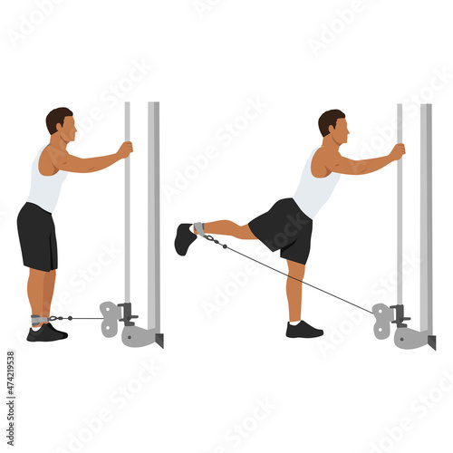 Man doing Cable hip extensions exercise. Flat vector illustration isolated on white background
