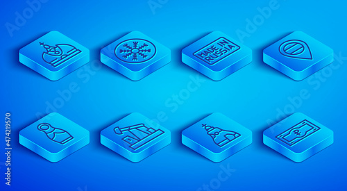 Set line King crown, Snowflake, Made Russia, Oil pump or pump jack, The Tsar bell, Location, Russian doll matryoshka and ruble banknote icon. Vector