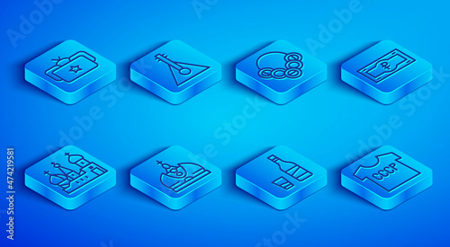 Set line Ushanka, Balalaika, Russian bagels, King crown, Bottle of vodka with glass, ruble banknote, Saint Basil's Cathedral and USSR t-shirt icon. Vector