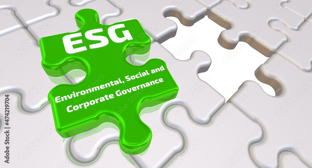 ESG. Environmental, Social and Corporate Governance. Folded white puzzles elements and one green with text ESG - Environmental, Social and Corporate Governance. 3D illustration ESG. Environmental, Social and Corporate Governance. Folded white puzzles elements and one green with text ESG - Environmental, Social and Corporate Governance. 3D illustration