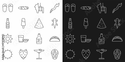 Set line Mexican wrestler, Taco with tortilla, Lizard, Pinata, Popsicle ice cream, Tabasco sauce, Flip flops and Nachos icon. Vector